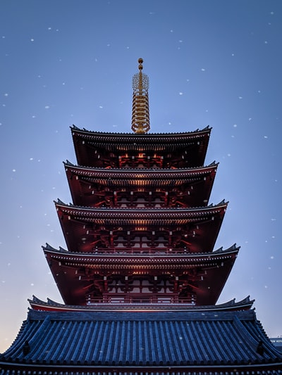 Brown and blue pagoda taken at night
